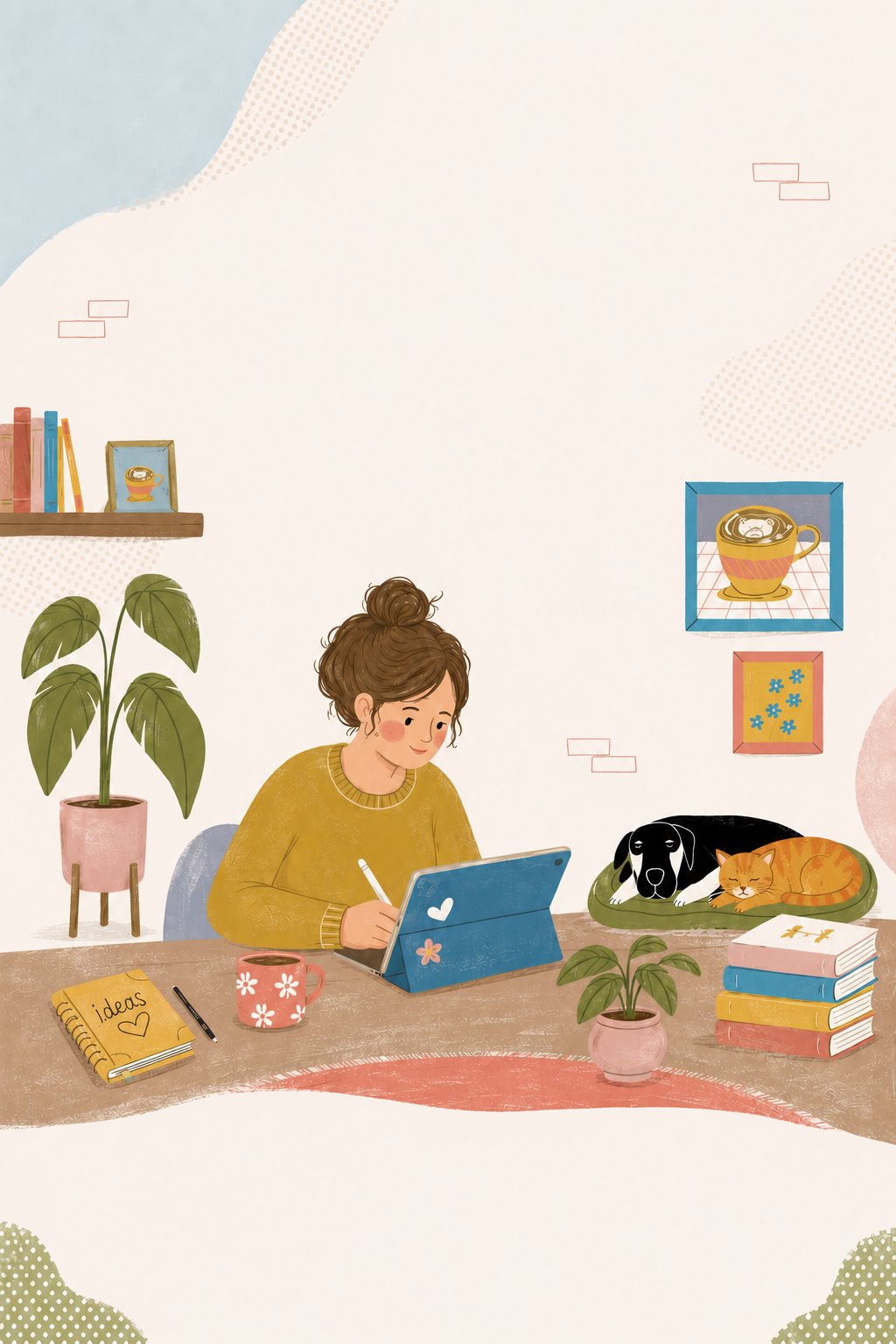 Ilustración de Vicky escribiendo en su escritorio, con su perro y su gato descansando al lado