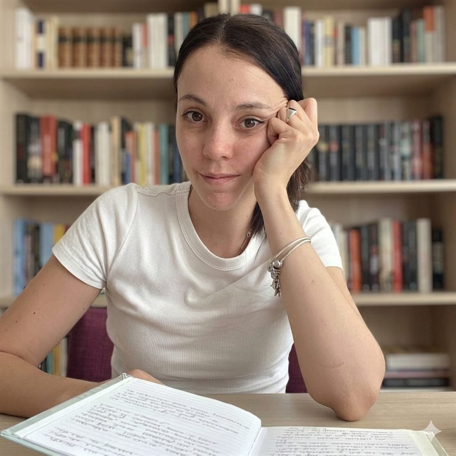 Vicky Moreno apoyada sobre un cuaderno escrito a mano, delante de una biblioteca